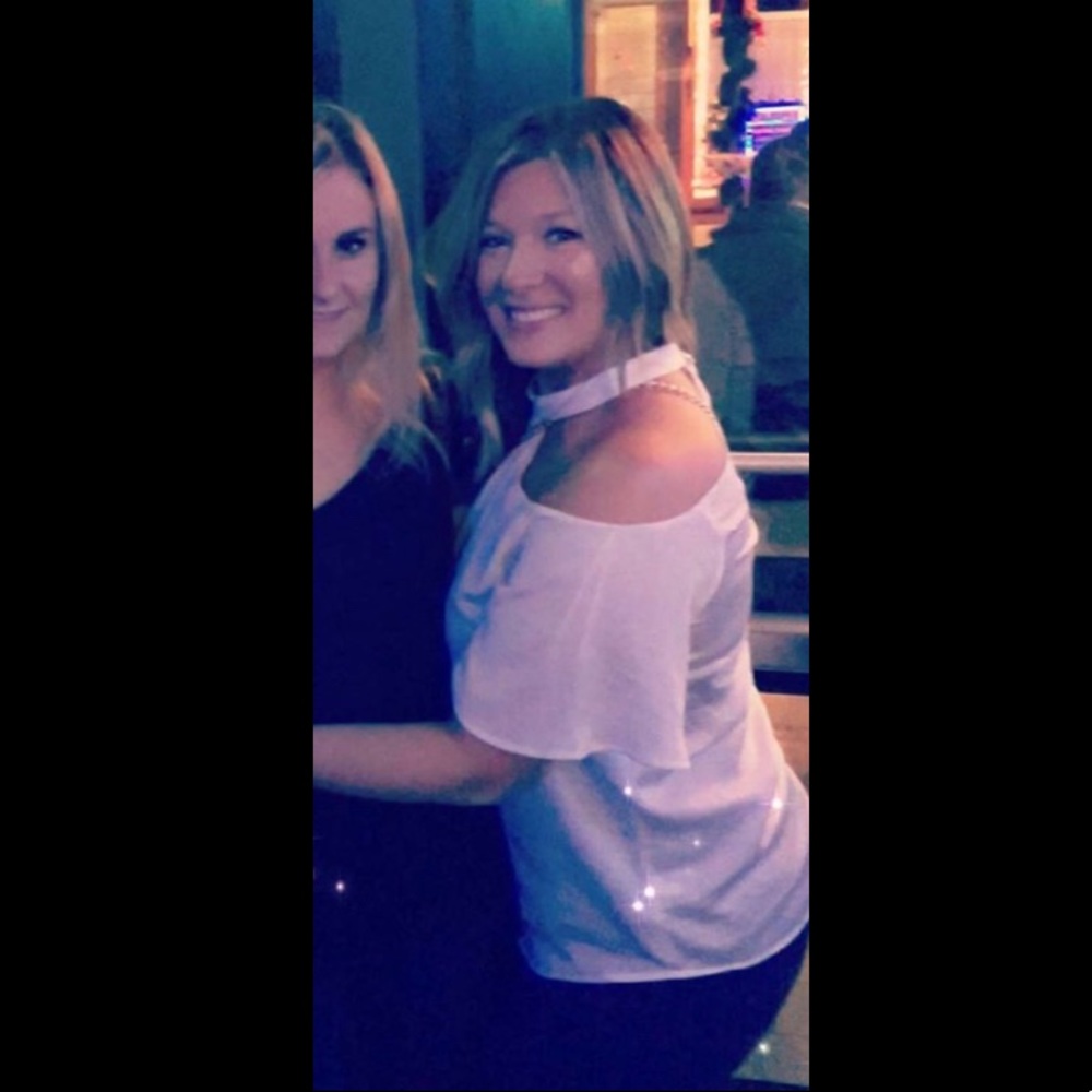 White silky blouse, shoulder cut out